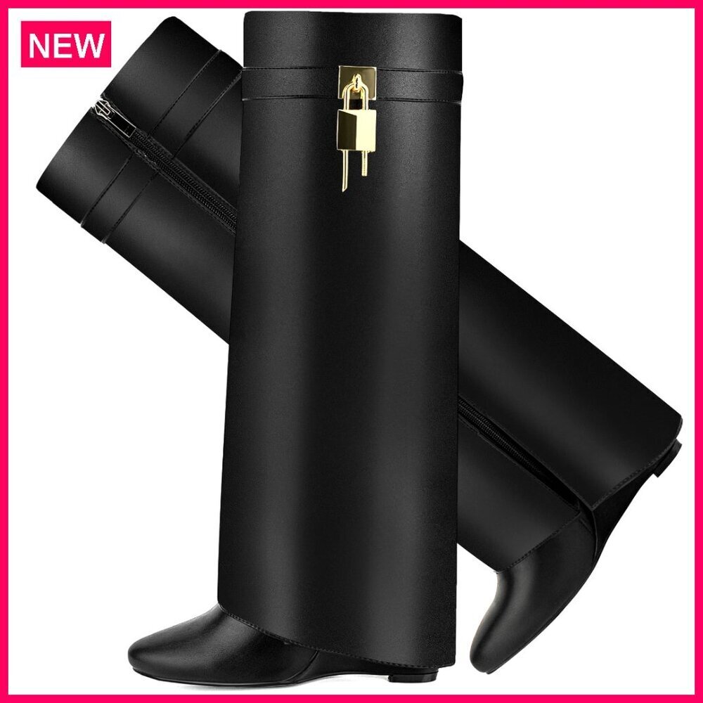 Women's Fold Over Knee Boots Pointy Toe Wedge Heel Side Zipper Shark Design